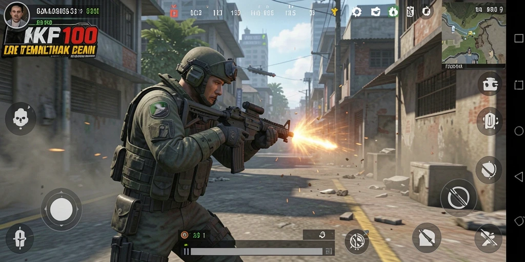 Screenshot gameplay KPK100 menampilkan aksi tembak-menembak yang intens.