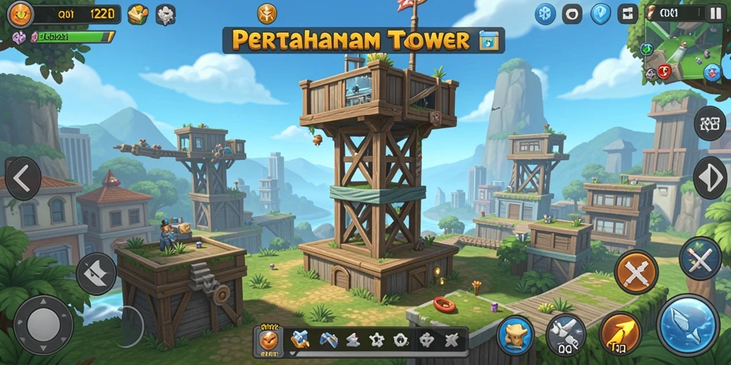 Tampilan gameplay menara dalam pertempuran Tower Defense.