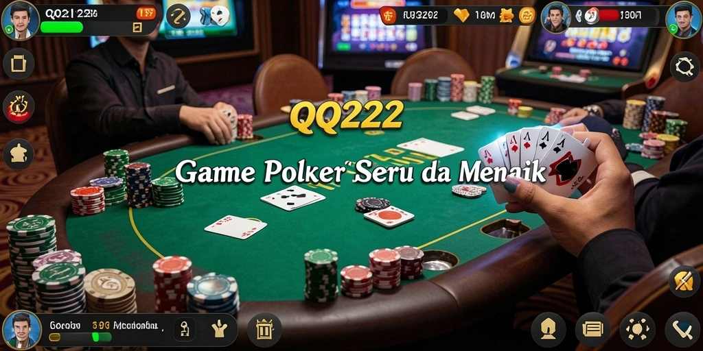 Screenshot gameplay QQ222 menampilkan aksi seru dalam bermain Poker.