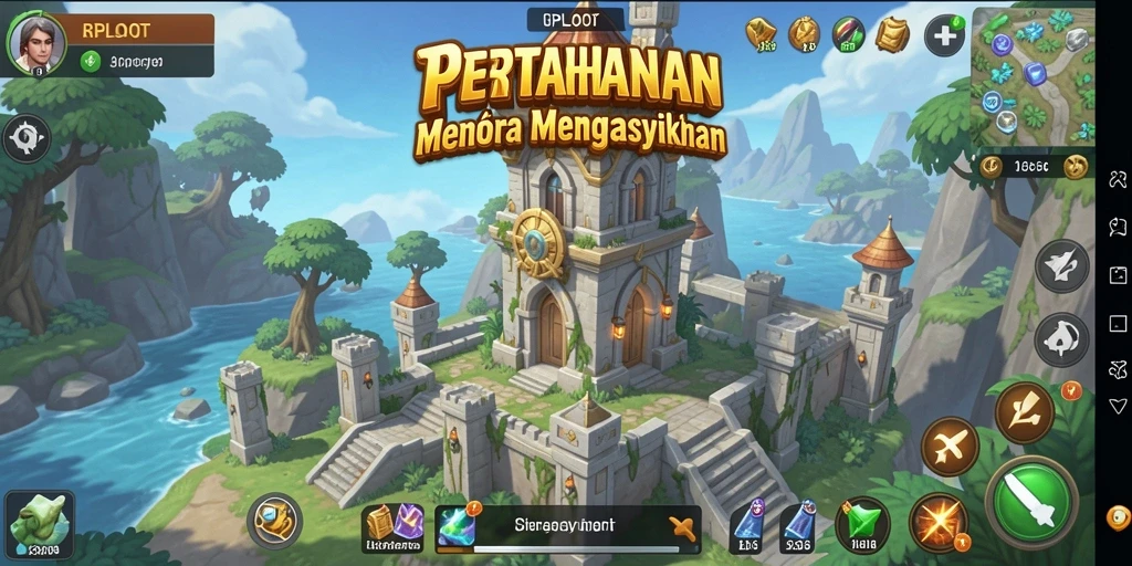 Screenshot RPLOOT menampilkan aksi seru pertahanan menara.